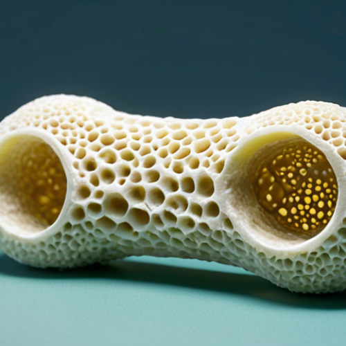 **A 3D printed artificial bone scaffold made of hydroxyapatite, seeded with bone cells, shown in a laboratory setting. Focus on the intricate structure and the integration of cells within the material.**
