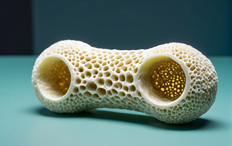 **A 3D printed artificial bone scaffold made of hydroxyapatite, seeded with bone cells, shown in a laboratory setting. Focus on the intricate structure and the integration of cells within the material.**