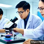 인공장기 연구 개발에서의 협업 모델 - A high-tech biomedical laboratory scene in Thailand, showing a diverse team of scientists, engineers...