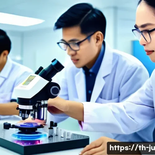 인공장기 연구 개발에서의 협업 모델 - A high-tech biomedical laboratory scene in Thailand, showing a diverse team of scientists, engineers...