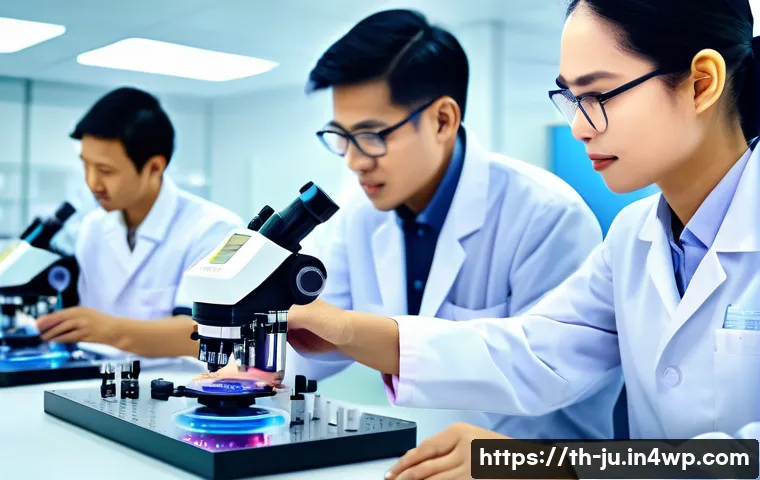 인공장기 연구 개발에서의 협업 모델 - A high-tech biomedical laboratory scene in Thailand, showing a diverse team of scientists, engineers...