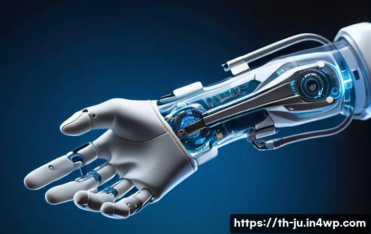 인공장기 연구에서의 오류와 교훈 - A highly detailed close-up of a futuristic prosthetic arm designed with advanced biocompatible mater...