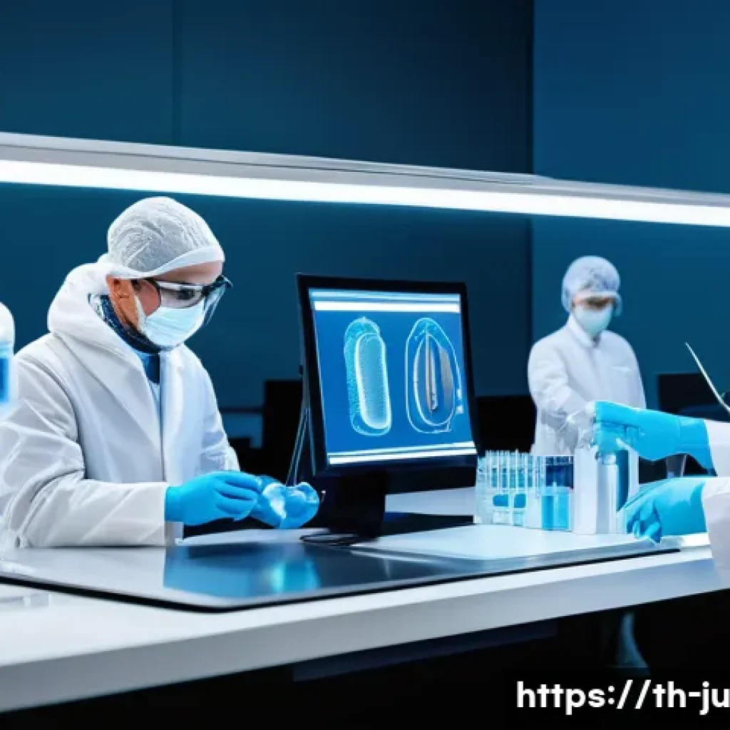 인공장기 개발과 시장 전망 - A futuristic biomedical laboratory scene showcasing advanced prosthetic limbs being 3D bioprinted wi...