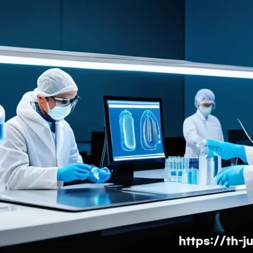Home 31 인공장기 개발과 시장 전망 - A futuristic biomedical laboratory scene showcasing advanced prosthetic limbs being 3D bioprinted wi...