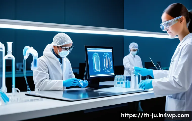 인공장기 개발과 시장 전망 - A futuristic biomedical laboratory scene showcasing advanced prosthetic limbs being 3D bioprinted wi...