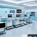 Home 18 인공장기와 통합 의료 시스템 - A modern Thai hospital interior showcasing advanced medical technology: doctors and nurses using AI-...