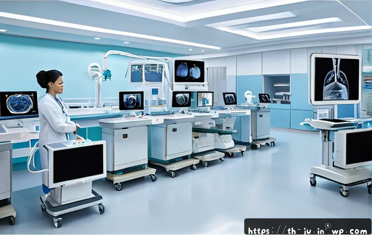 인공장기와 통합 의료 시스템 - A modern Thai hospital interior showcasing advanced medical technology: doctors and nurses using AI-...