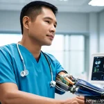 Home 23 인공장기와 생명 유지 장치의 차이점 - A highly detailed, realistic image of a modern prosthetic arm integrated with biocompatible material...
