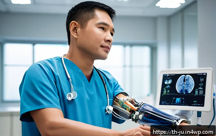 인공장기와 생명 유지 장치의 차이점 - A highly detailed, realistic image of a modern prosthetic arm integrated with biocompatible material...